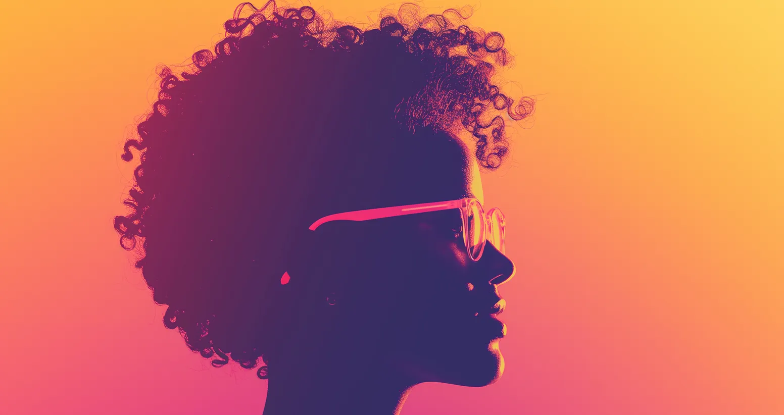 Profile silhouette of a person with curly hair wearing glasses against a vibrant pink and orange gradient background.
