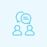 Blue outlined icon of two people with a speech bubble indicating conversation or communication.