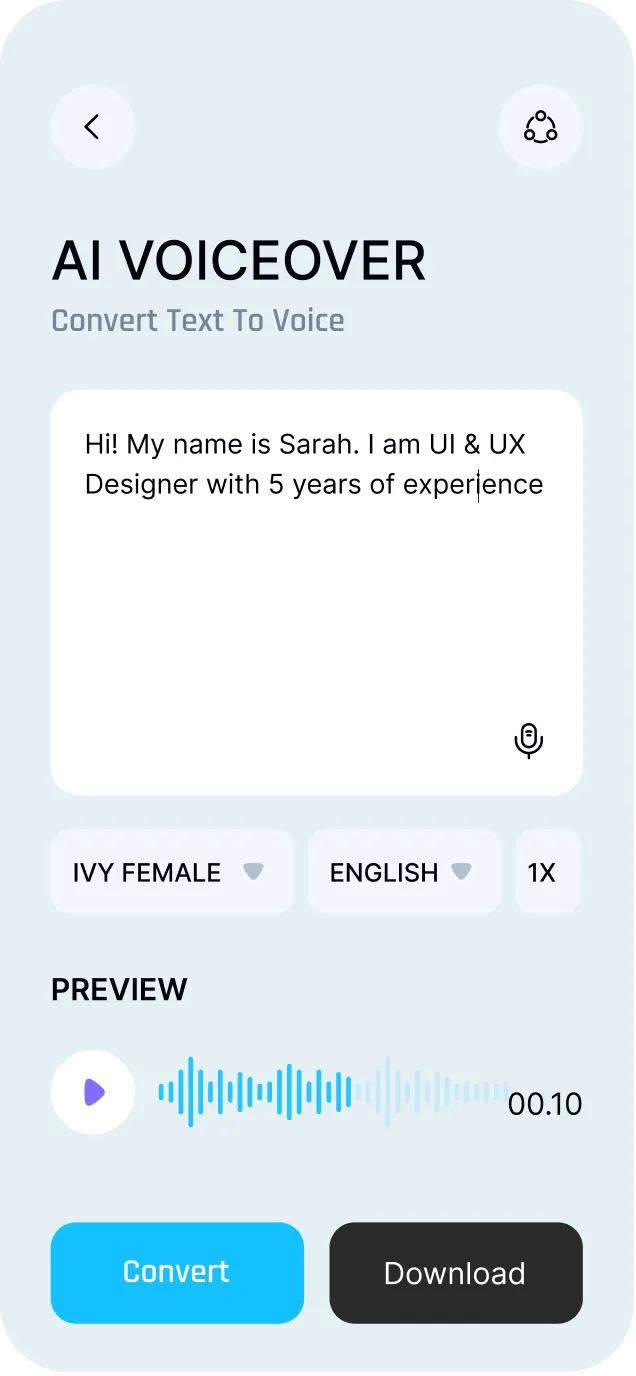 AI voiceover app interface showing text input saying 'Hi! My name is Sarah. I am UI & UX Designer with 5 years of experience,' with options for voice selection, language, speed, and buttons to convert or download audio.