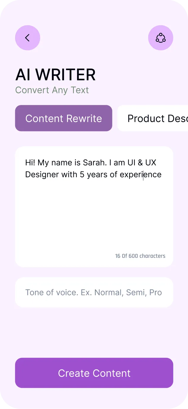 AI Writer app interface with text input for rewriting content, showing a sample introduction from Sarah, a UI & UX Designer with 5 years experience, and a Create Content button.
