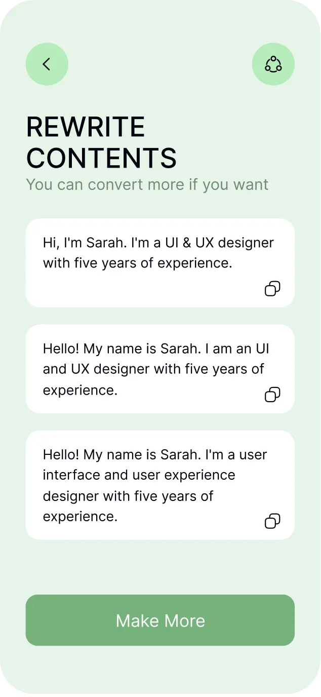 Mobile interface showing a content rewriting app with original text and two rewritten versions about Sarah, a UI & UX designer with five years of experience.