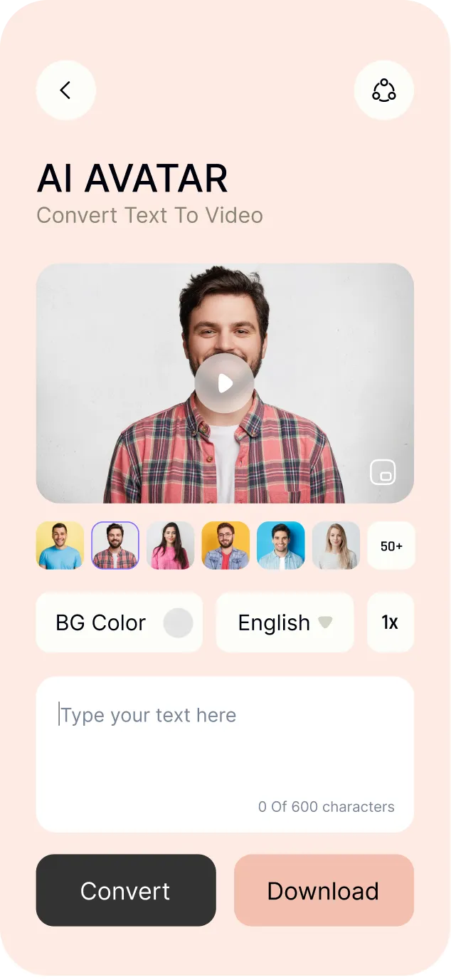 Mobile app interface for AI avatar video creation showing a preview of a man in a plaid shirt, avatar choices, background color, language selection, text input box, and Convert and Download buttons.