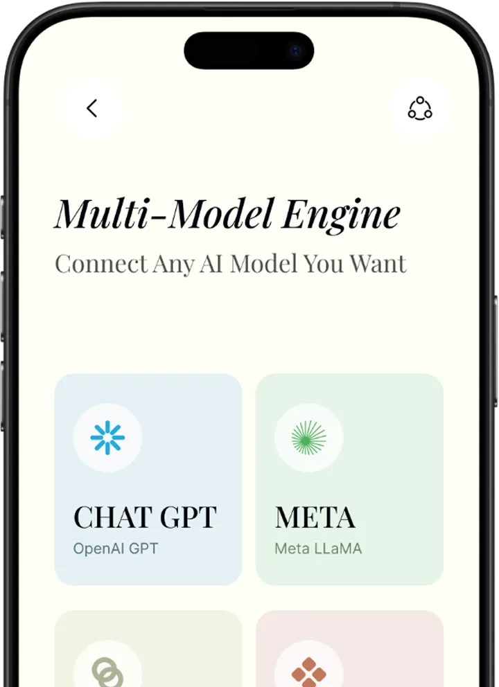 Mobile screen showing Multi-Model Engine interface to connect AI models, featuring options Chat GPT by OpenAI and Meta LLaMA.