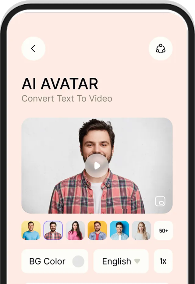 Mobile app screen showing AI Avatar feature to convert text to video with a man’s portrait and avatar selection options.