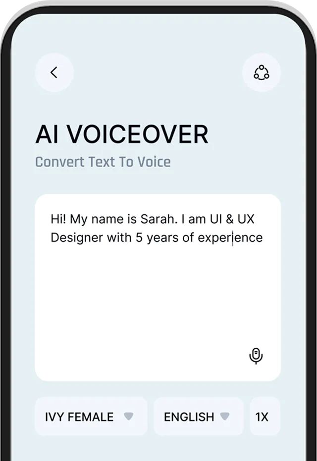 Mobile app interface for AI voiceover converting text to voice, showing text input from Sarah, a UI and UX designer with 5 years experience, with voice settings for Ivy Female, English, and 1X speed.