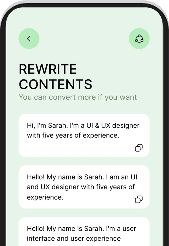 Mobile screen showing a content rewriting app with text input and three rewritten versions about a UI and UX designer named Sarah with five years of experience.