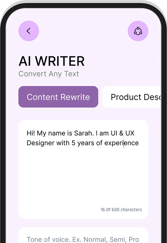 Mobile screen showing AI Writer app with text input for rewriting content introducing Sarah, a UI & UX Designer with 5 years of experience.