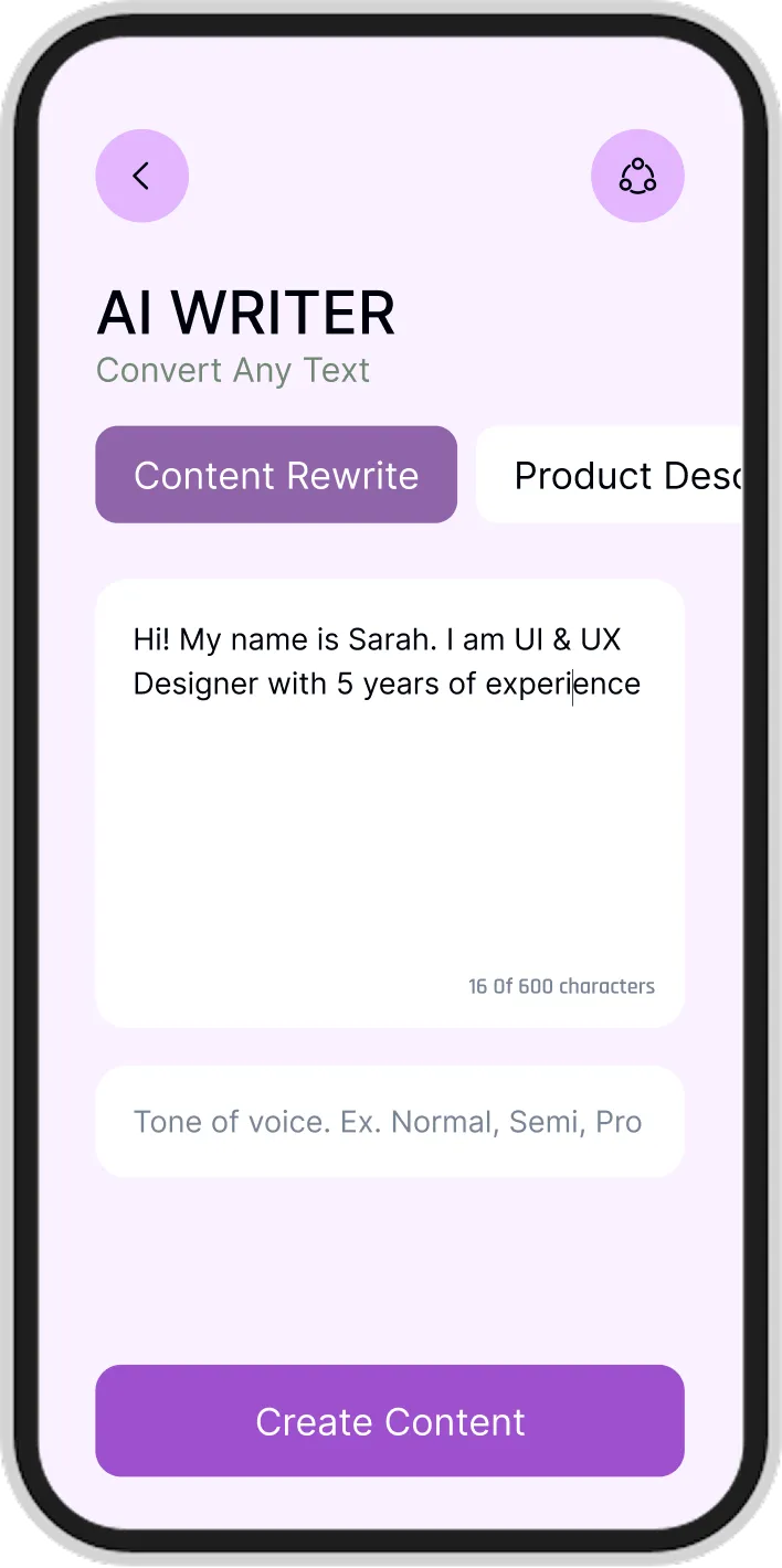 Mobile screen showing AI Writer app with 'Content Rewrite' selected and text input reading 'Hi! My name is Sarah. I am UI & UX Designer with 5 years of experience', plus a button labeled Create Content.
