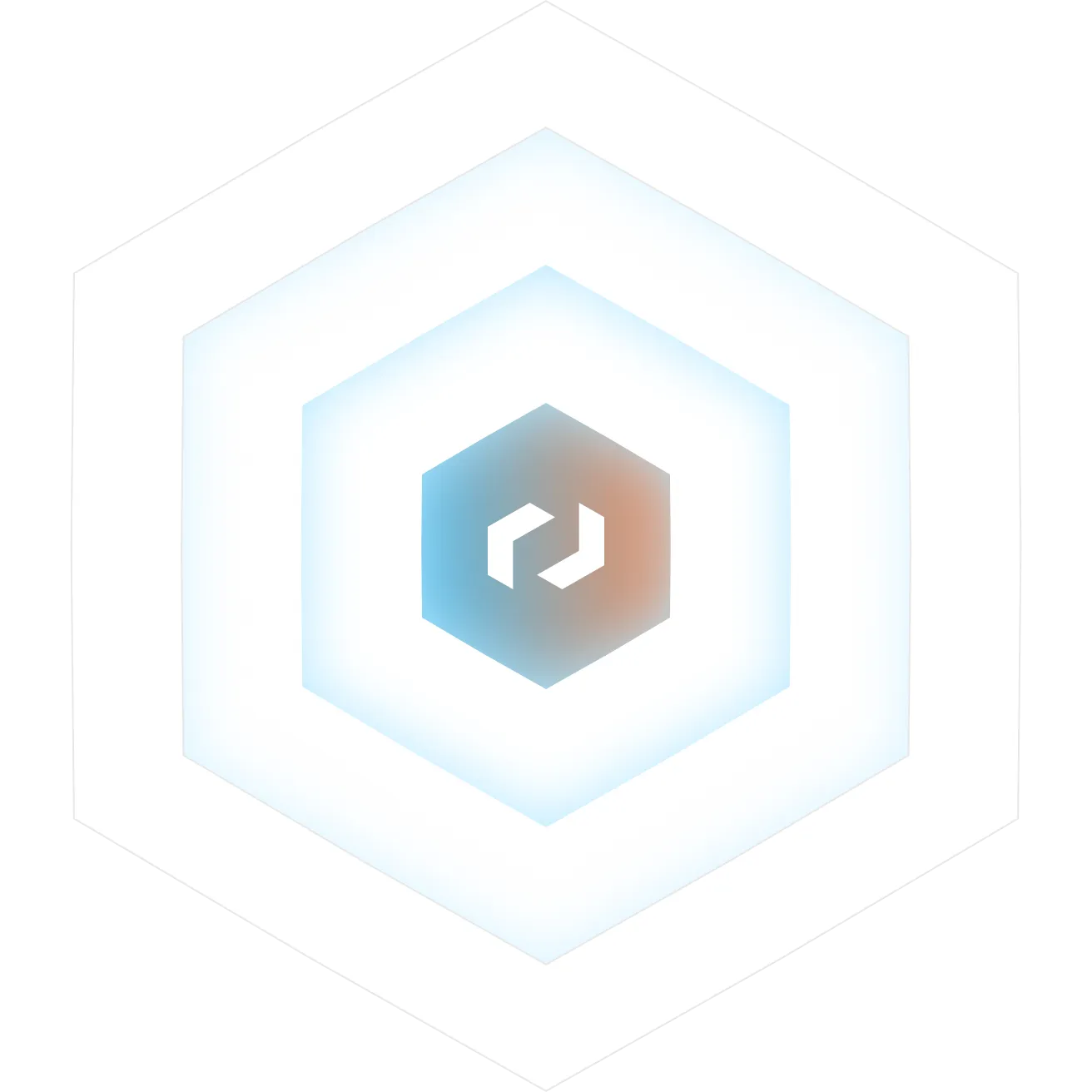 Hexagonal logo with white angled brackets in the center, surrounded by glowing blue and orange gradient hexagonal layers.
