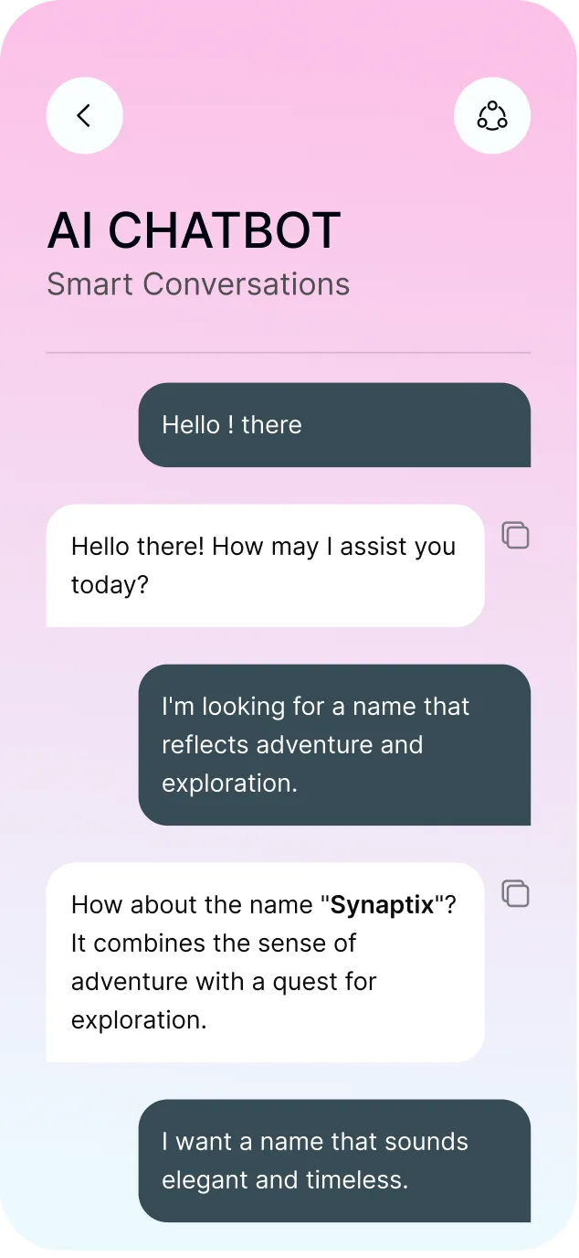 Smartphone screen showing a chat interface with AI Chatbot offering name suggestions reflecting adventure, exploration, elegance, and timelessness.