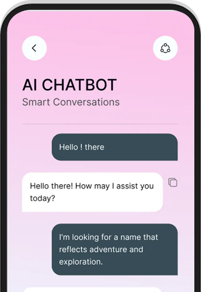 Smartphone screen showing an AI chatbot conversation about finding a name that reflects adventure and exploration on a pink background.