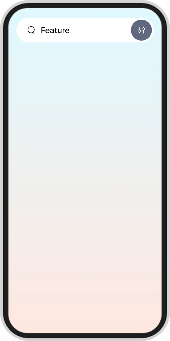 Smartphone screen displaying a search bar with the word 'Feature' and a filter icon next to it on a gradient background.