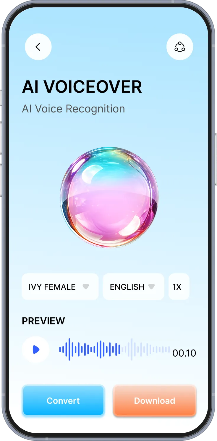 Smartphone screen showing an AI voiceover app interface with voice selection, language option, playback preview, and Convert and Download buttons.