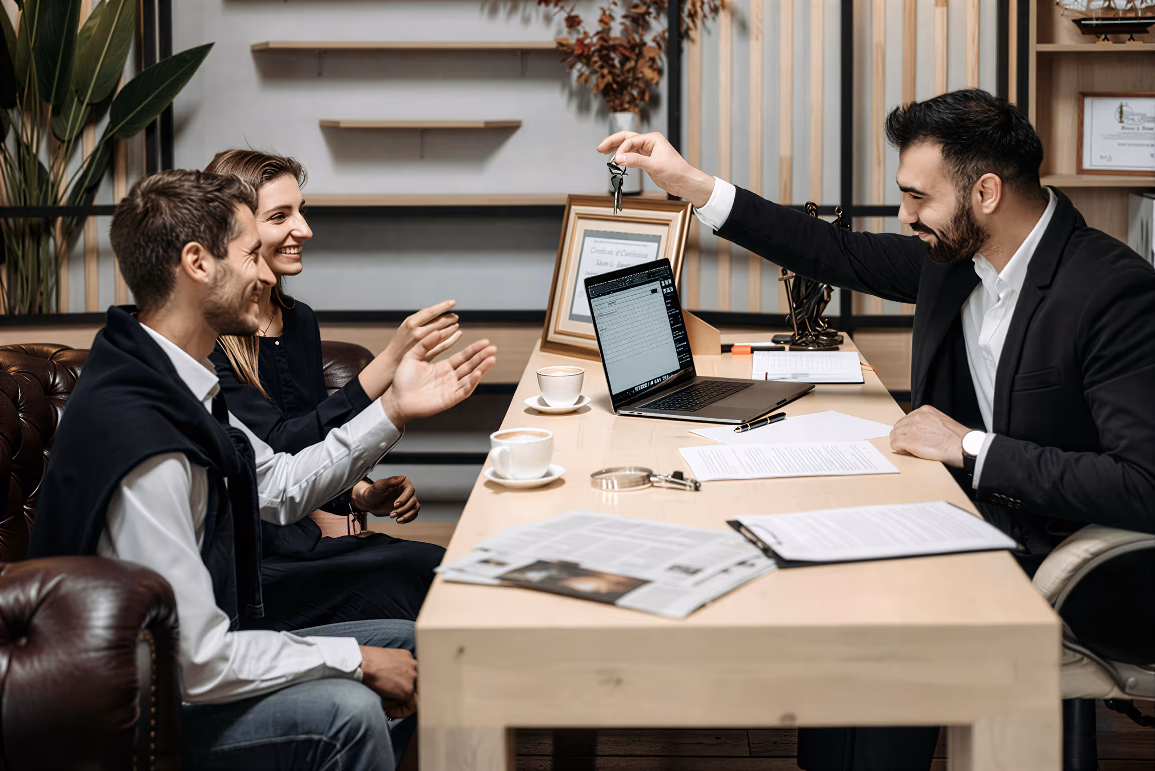Real estate agent handing over house keys to a smiling couple sitting at an office desk.