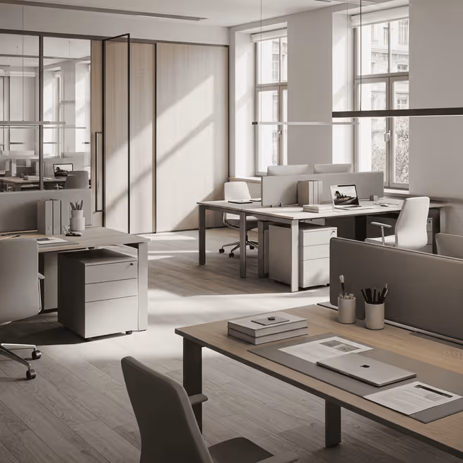 Modern office space with multiple wooden desks, ergonomic chairs, laptops, and large windows letting in natural light.