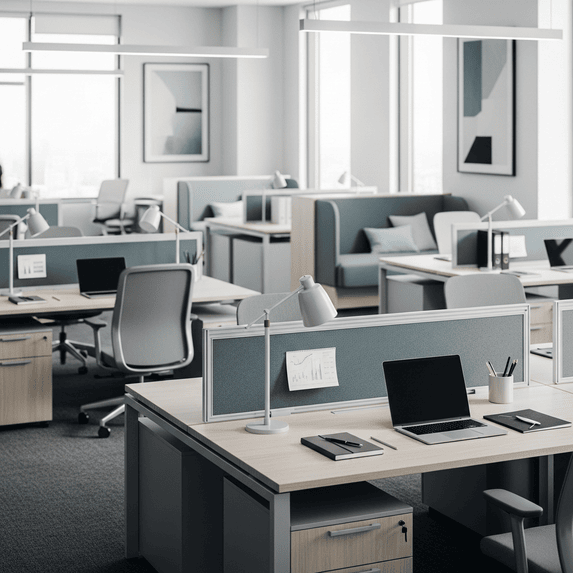 Modern office space with multiple desks equipped with laptops, desk lamps, office chairs, and partition panels, featuring neutral tones and large windows.