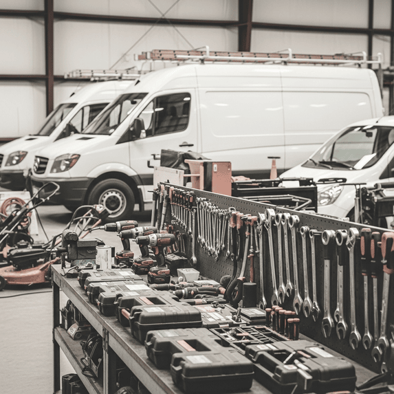Workshop with multiple white service vans and a workbench filled with organized hand tools, power tools, and tool cases.