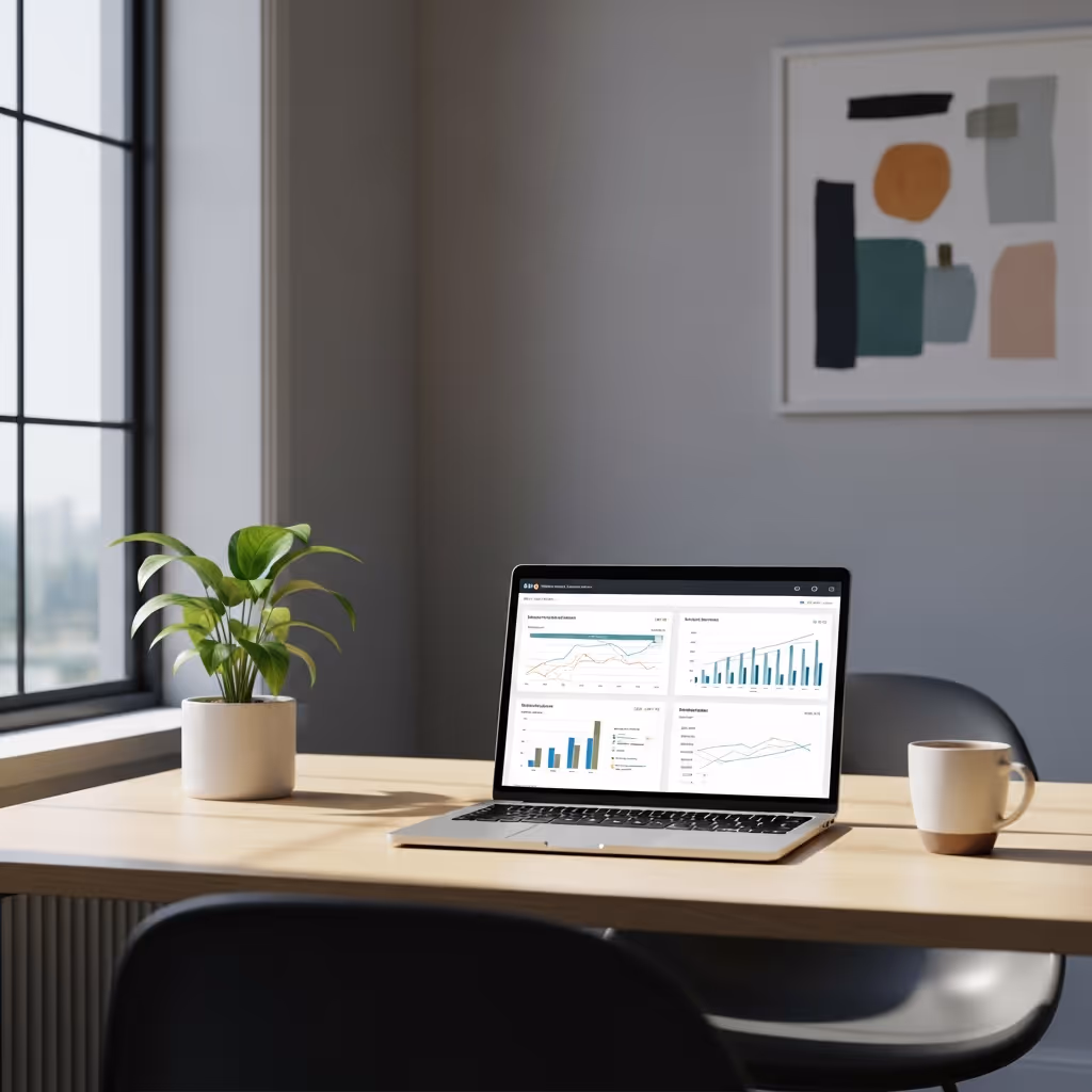 Laptop displaying charts on a wooden desk with a potted plant and coffee cup in a modern office.