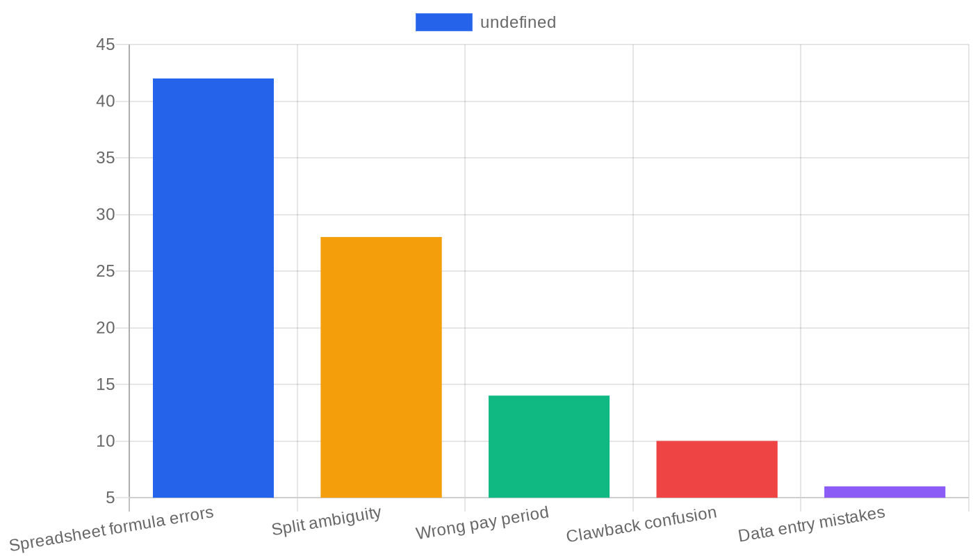 Bar chart showing spreadsheet formula errors as the leading source of recruiter commission disputes at 42 percent