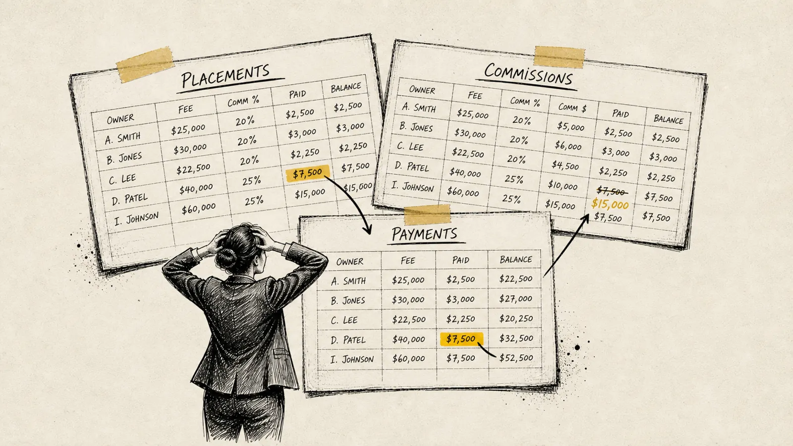 Illustration of a recruiting firm commission spreadsheet breaking down