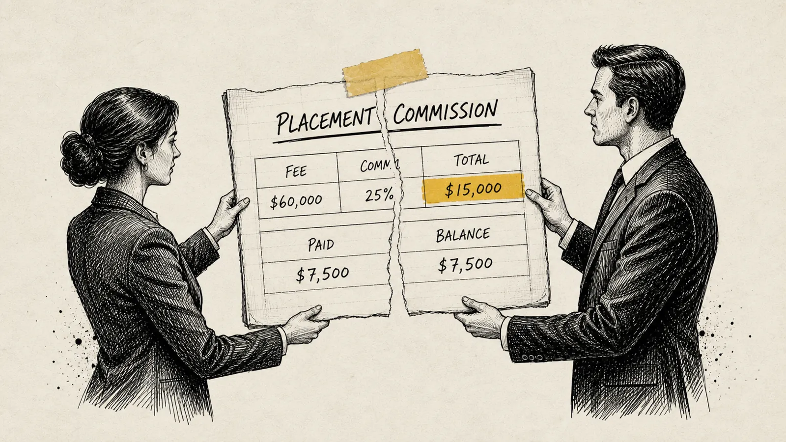 Illustration of a Friday commission dispute between a recruiter and firm owner