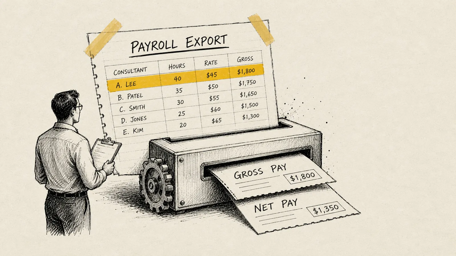Illustration of commission payroll export to Rippling or Gusto