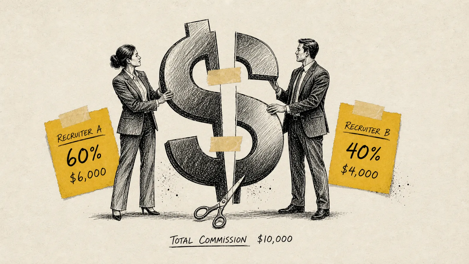 Illustration of a split placement fee between two recruiters