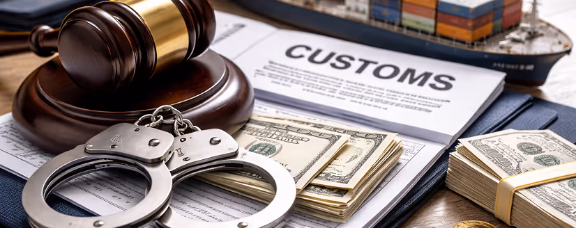 Gavel, handcuffs, stacks of US dollar bills, and customs paperwork with a cargo ship model on a wooden surface.