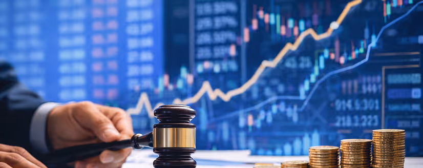 Hand holding a judge's gavel with stacked coins and financial charts on a screen in the background.