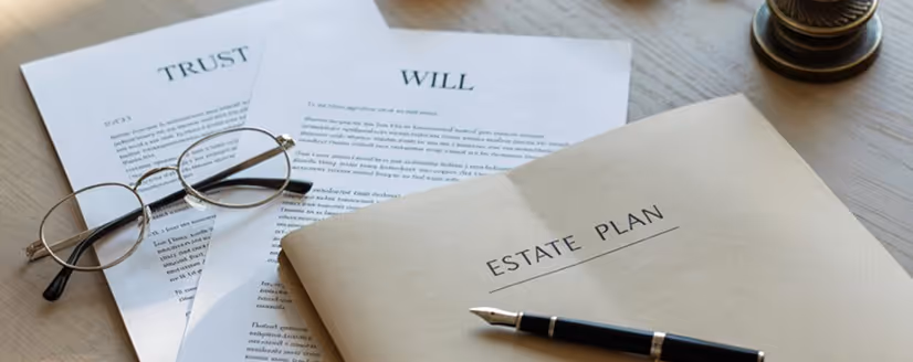 Document titled 'ESTATE PLAN' on envelope with a pen, resting on a table alongside papers titled 'WILL' and 'TRUST' with eyeglasses.