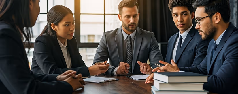 Five diverse business professionals in formal attire engaged in a serious discussion around a conference table with documents and stacked books.