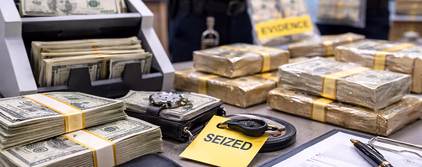 Stacks of bundled US dollar bills on a table with a 'SEIZED' tag, handcuffs, and evidence markers in the background.