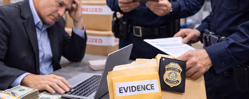 Customs officer holding evidence folders and badge while a worried man works on a laptop nearby with seized boxes in the background.