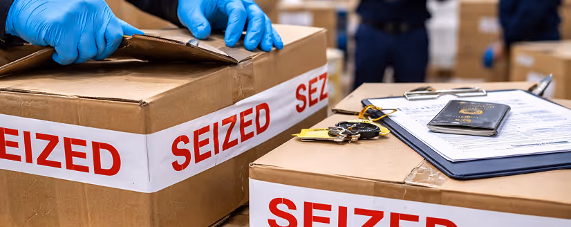 Person wearing blue gloves opening a cardboard box labeled Seized with keys and a passport on another box nearby.
