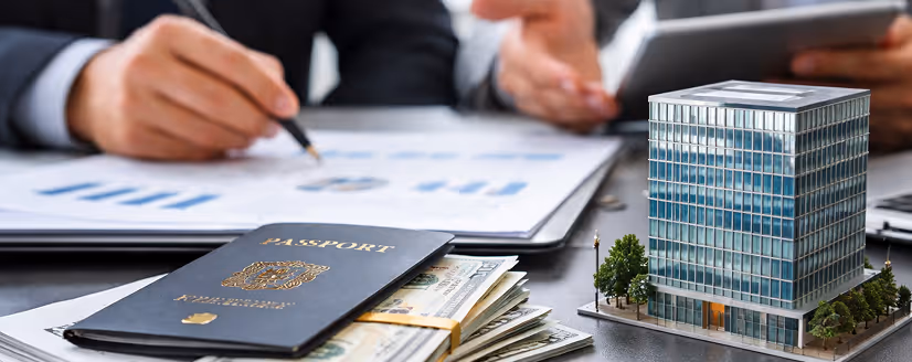 A passport, US dollar bills, and a miniature glass office building model on a desk with two people discussing documents in the background.