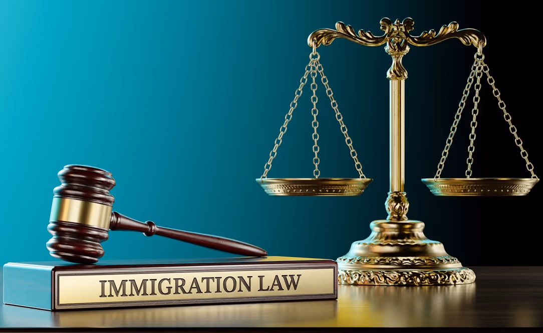 A wooden judge's gavel resting on a book titled 'IMMIGRATION LAW' next to a balanced gold scale on a wooden surface.