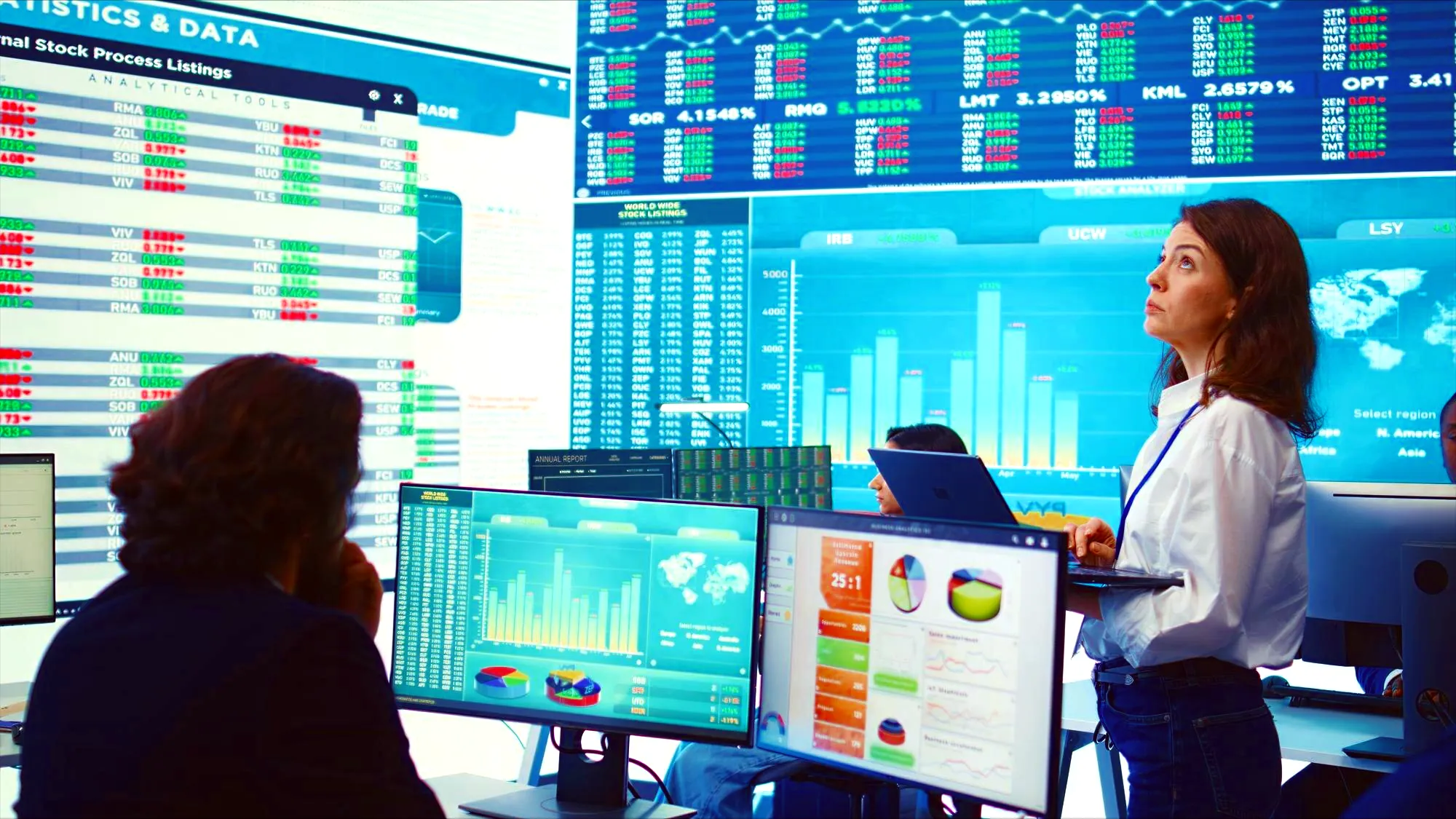 a professional woman analyzing trading boards