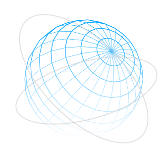 Blue wireframe globe with gray orbital rings around it on a black background.