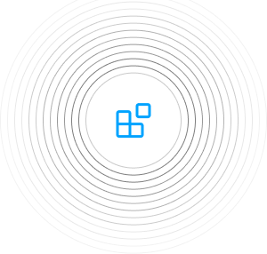 Blue pixelated grid icon inside a grey circle on black background.