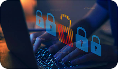 Hands typing on a laptop keyboard with digital padlock icons, including one unlocked symbol, representing cybersecurity.