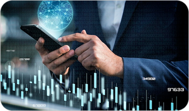 Person in suit using a smartphone with digital network and financial data graphics overlay.