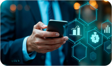 Businessman in suit holding smartphone with floating digital finance and growth icons.
