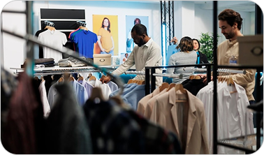 Customers browsing clothing racks inside a store with posters of models on the wall.
