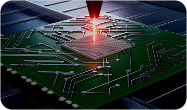 Laser engraving or soldering a central processing unit on a green circuit board with blue background.