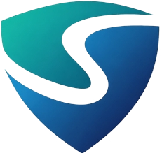 Shield-shaped logo with a stylized white curved 'S' and a gradient of green to blue background.
