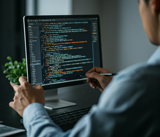 Person holding a stylus and analyzing colorful digital code displayed on a desktop computer monitor in a dimly lit room.