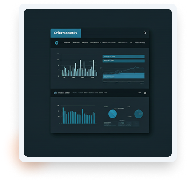 Dark-themed cybersecurity dashboard with bar graphs, line charts, and pie charts showing data analytics and trends.