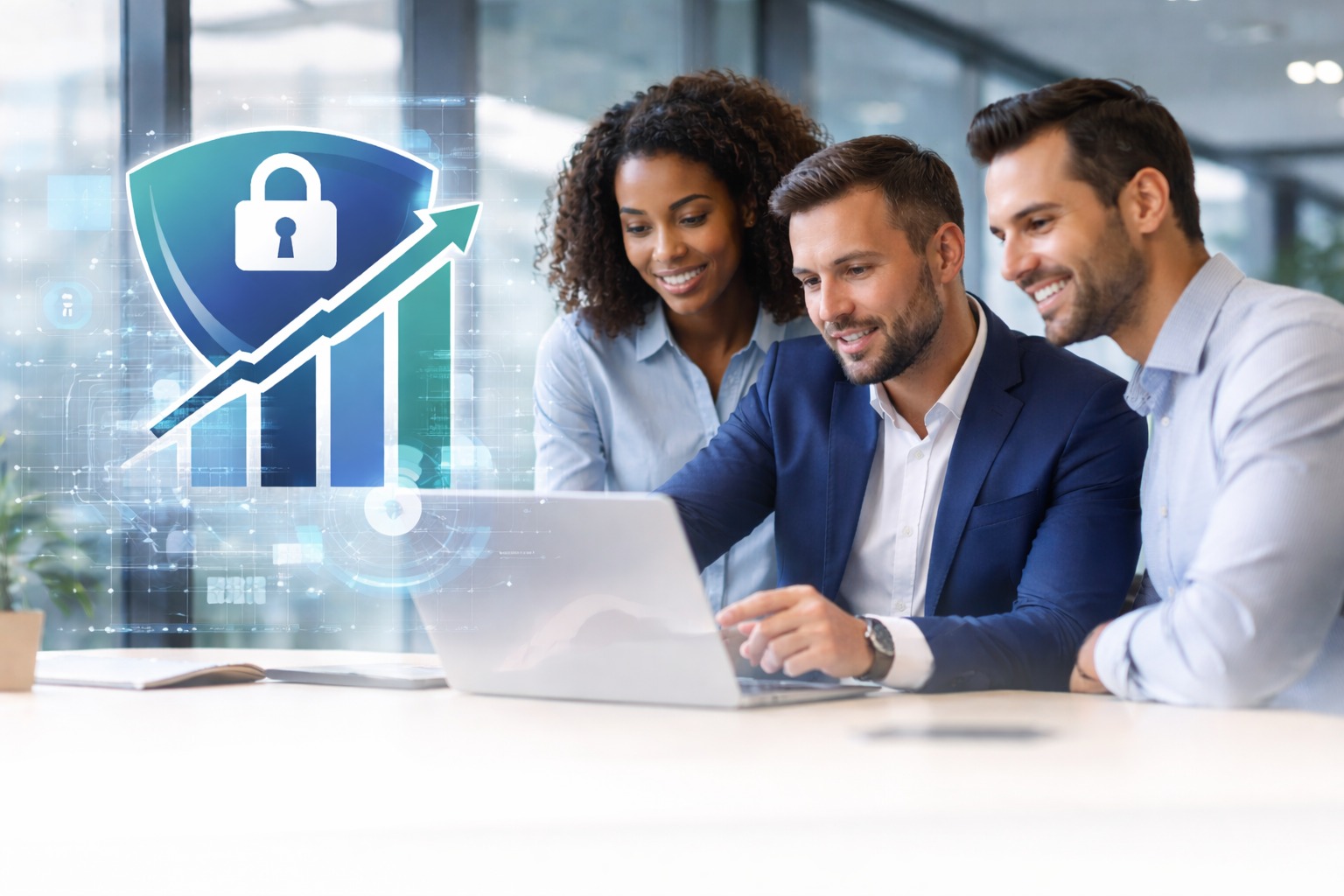 Three business professionals looking at a laptop with a digital graphic of a shield with a lock and a rising bar chart.