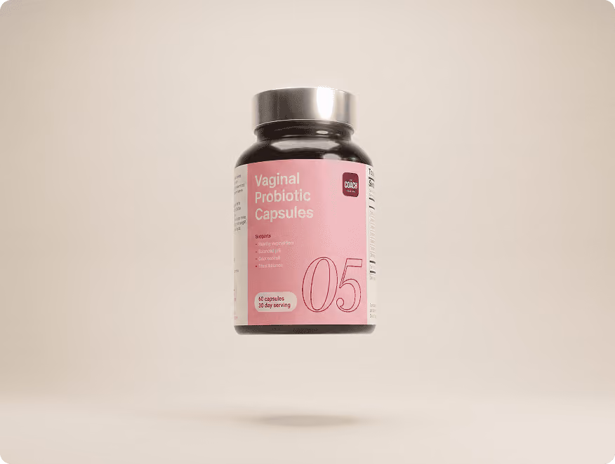 The Coach Formula 05 supplement bottle: probiotic capsules for vaginal health and balance