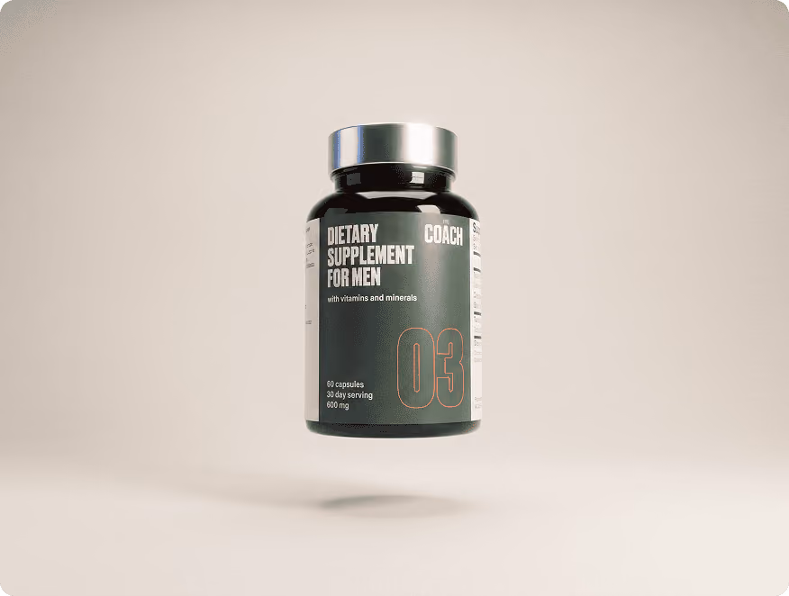 The Coach Formula 03 supplement bottle: capsules supporting healthy testosterone and libido